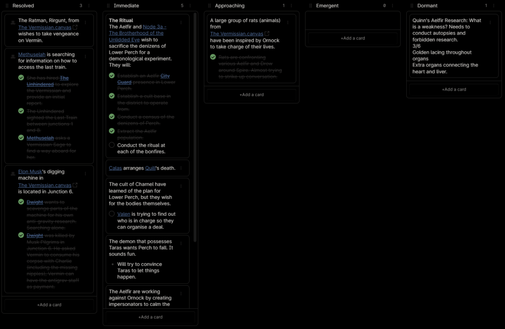 A kanban board of event notes organised into the headings: resolved, immediate, approaching, emergent, and dormant.