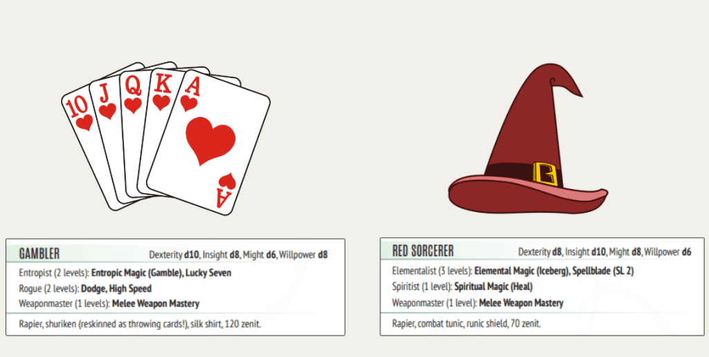 A comparison of the classic class examples, the gambler and the red sorcerer, from Fabula Ultima. Each shows the levels of classes and skills taken.